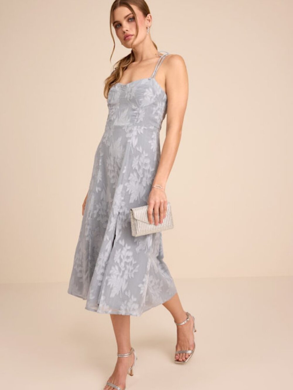 Lulus Loveliest Looks Dusty Blue Floral Jacquard Tie-strap Midi Dress - Size M - Picture 1 of 5